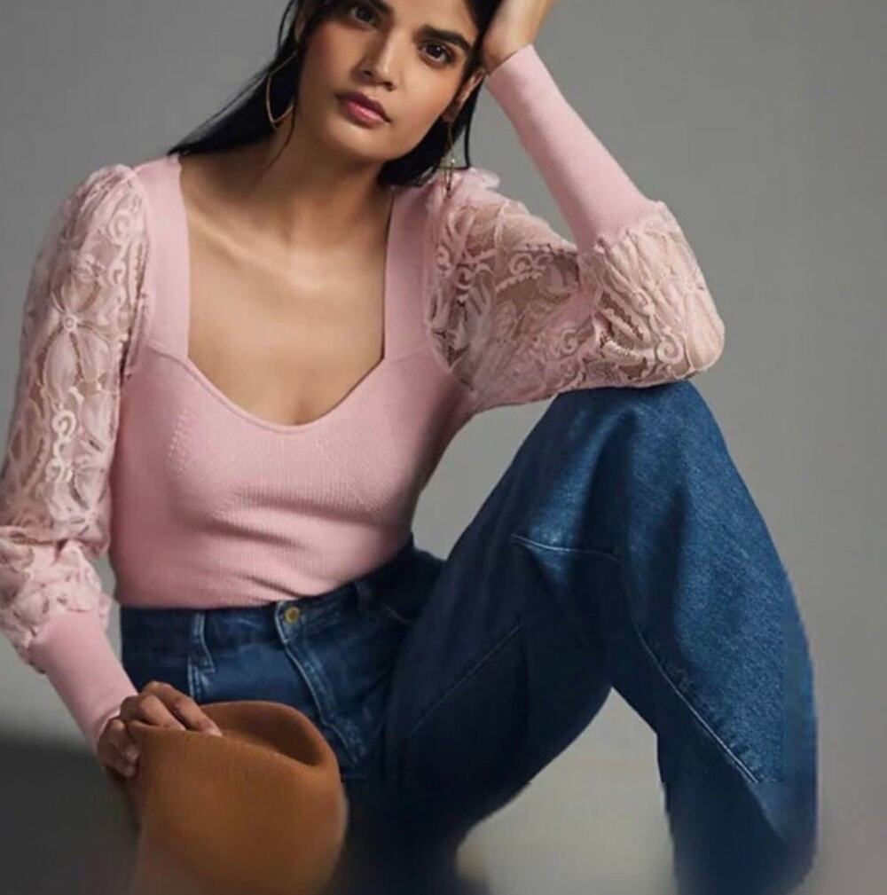 NWT Anthropologie Pink Sweetheart Lace Sleeve Sweater Size XXS
